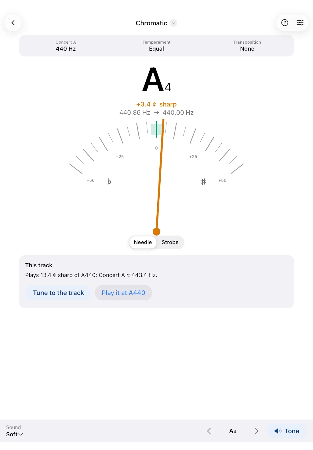 Riffscope’s tuner on an iPad, showing A4 slightly sharp and how the track is tuned